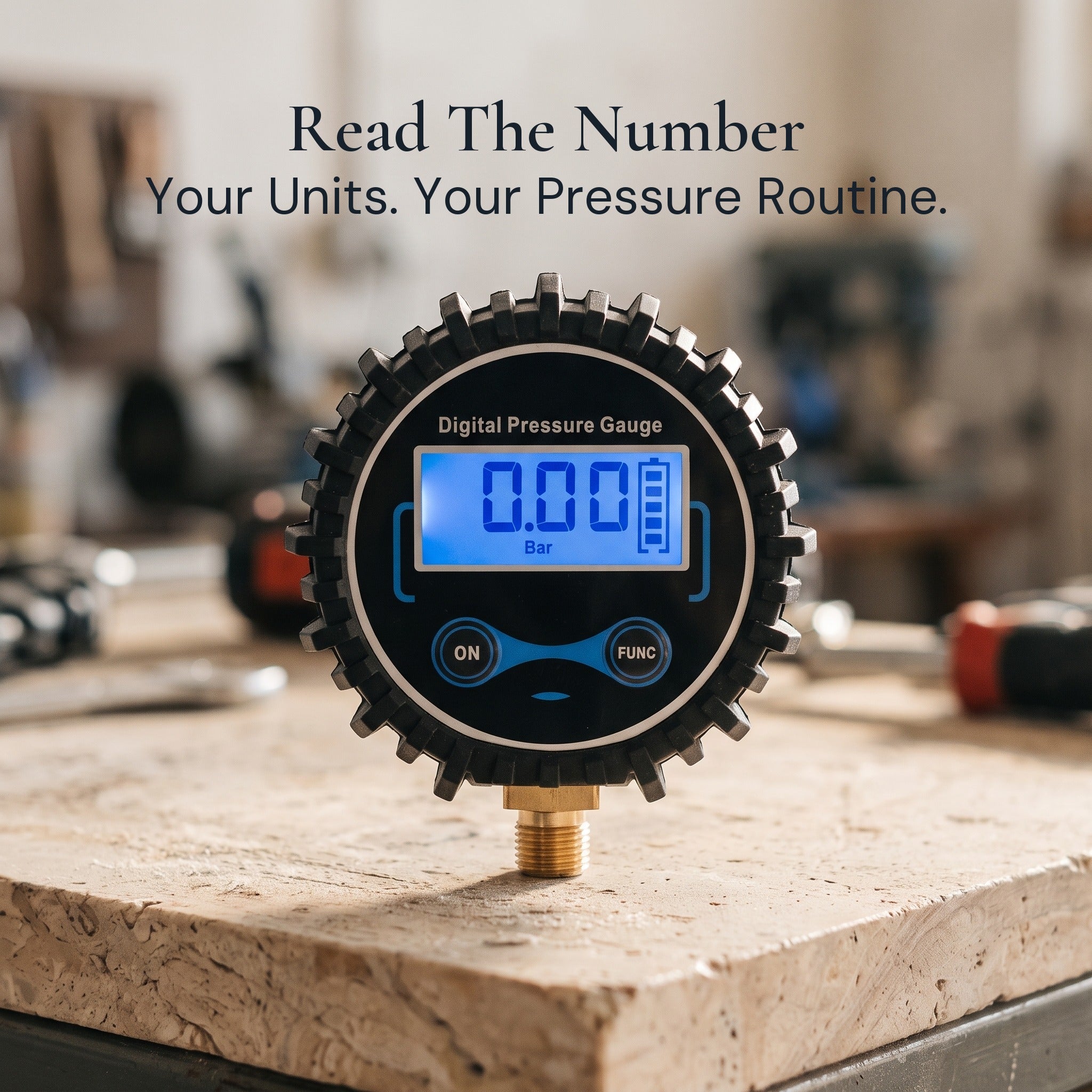Roadwell round pressure gauge with blue backlit LCD and brass fitting