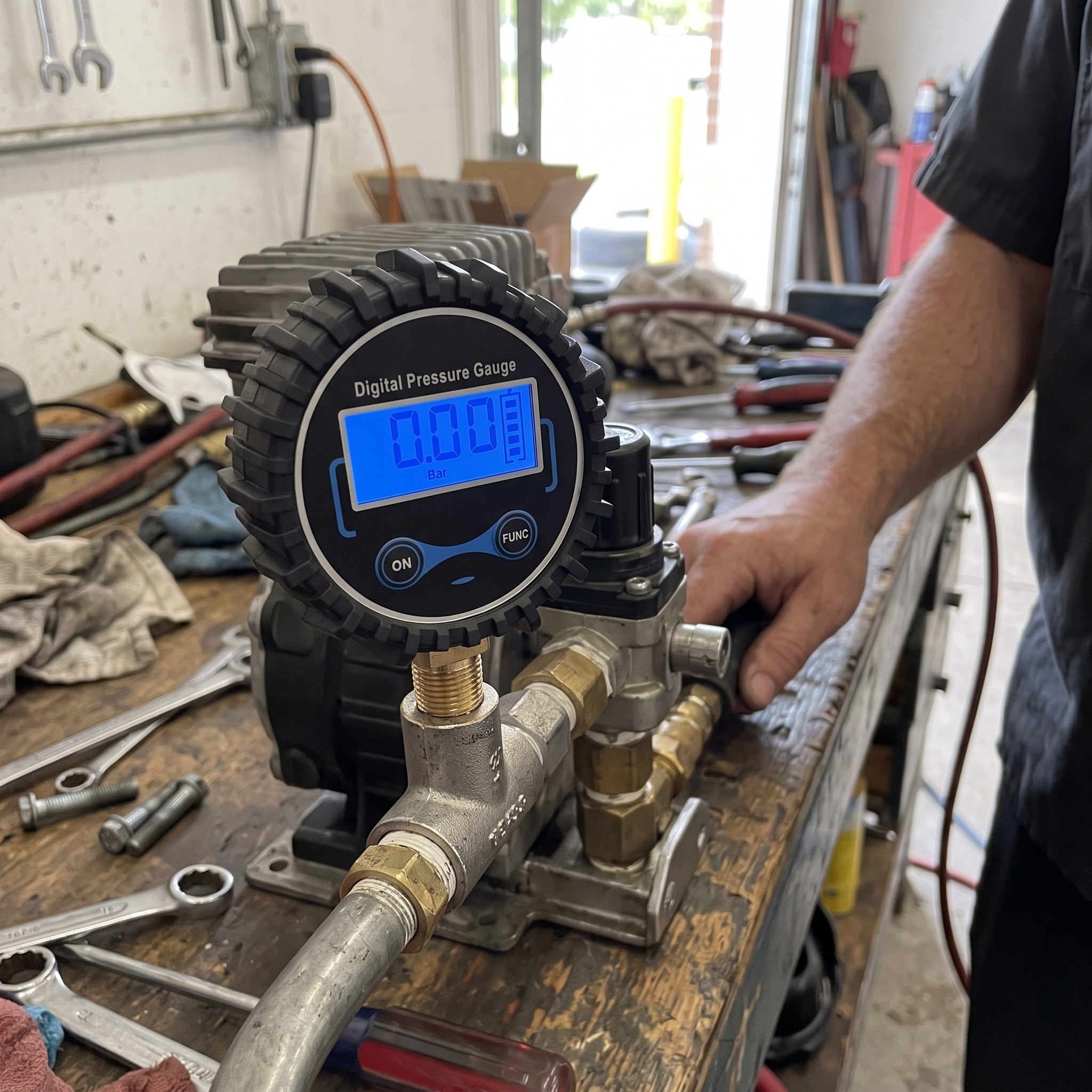 Roadwell digital pressure gauge in everyday garage scene 1