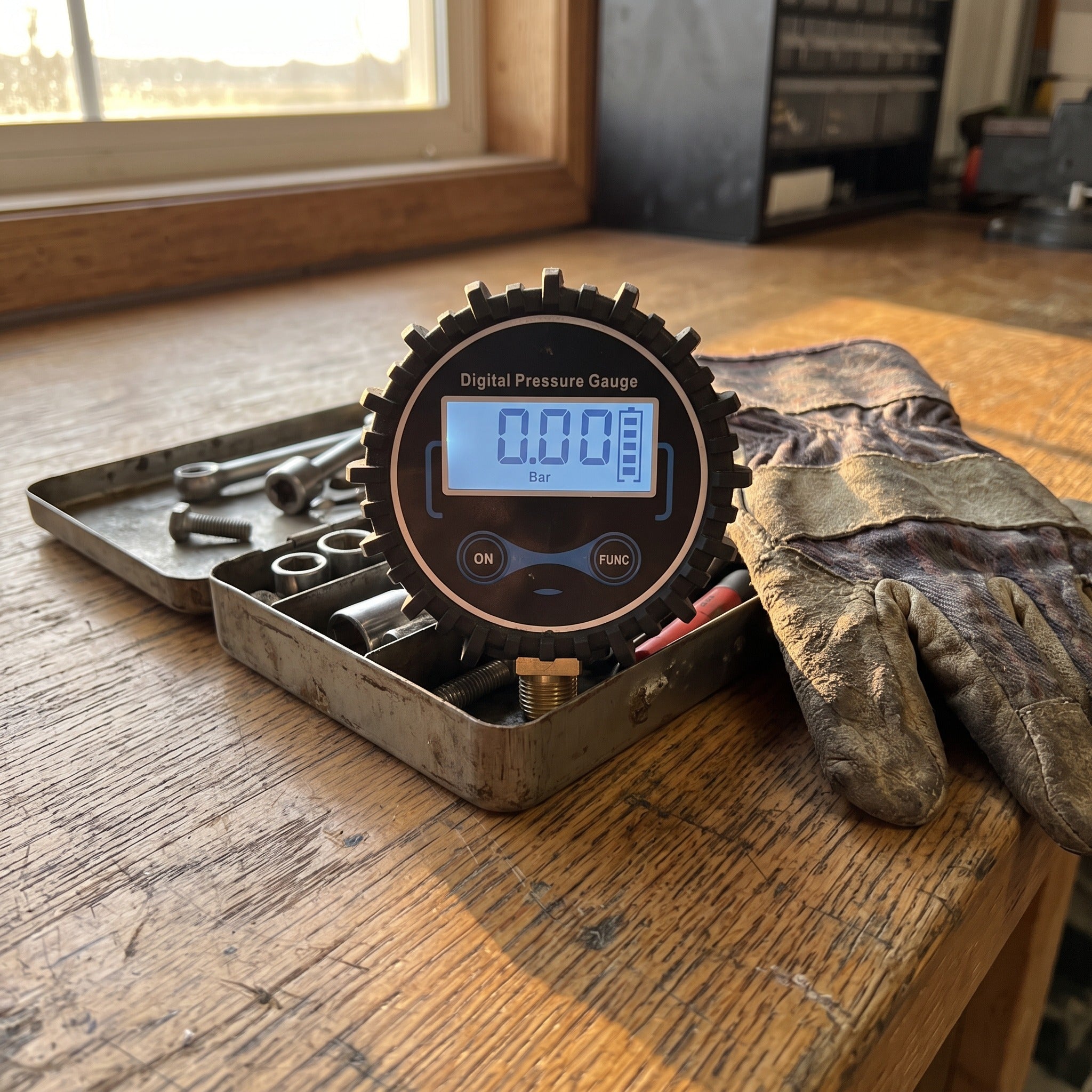 Roadwell digital pressure gauge in everyday garage scene 11