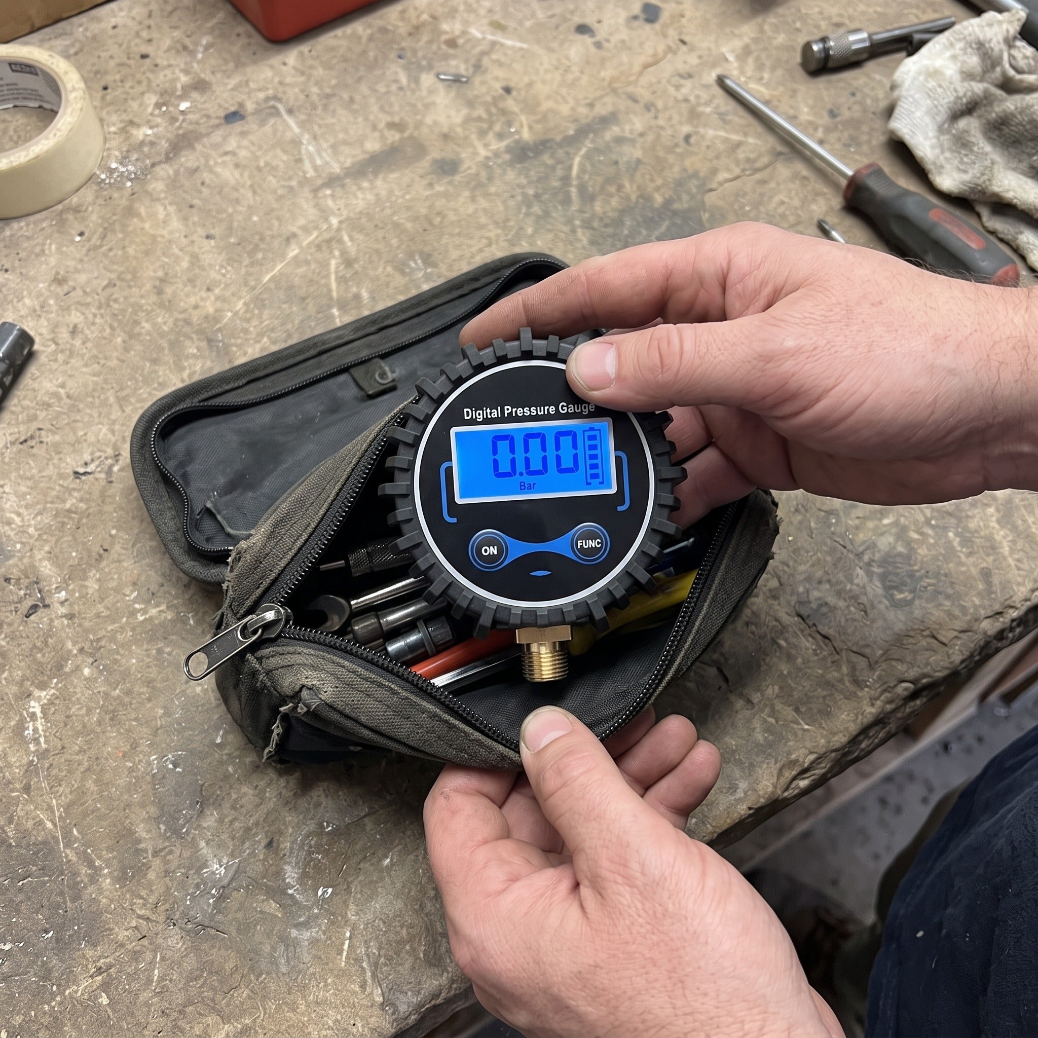 Roadwell digital pressure gauge in everyday garage scene 13
