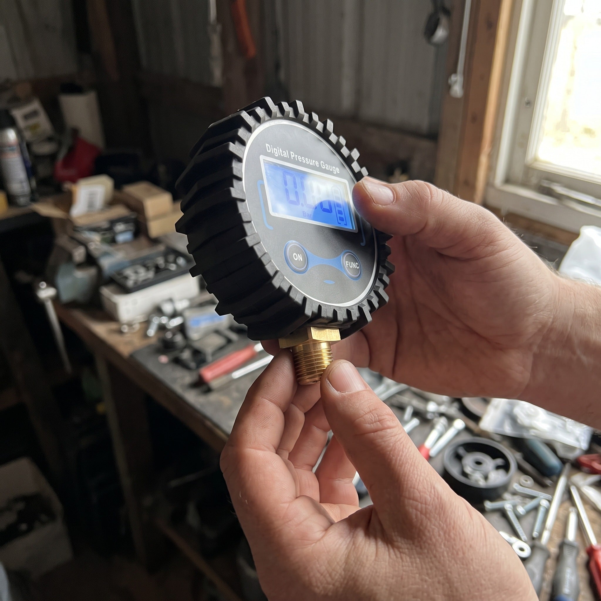 Roadwell digital pressure gauge in everyday garage scene 14