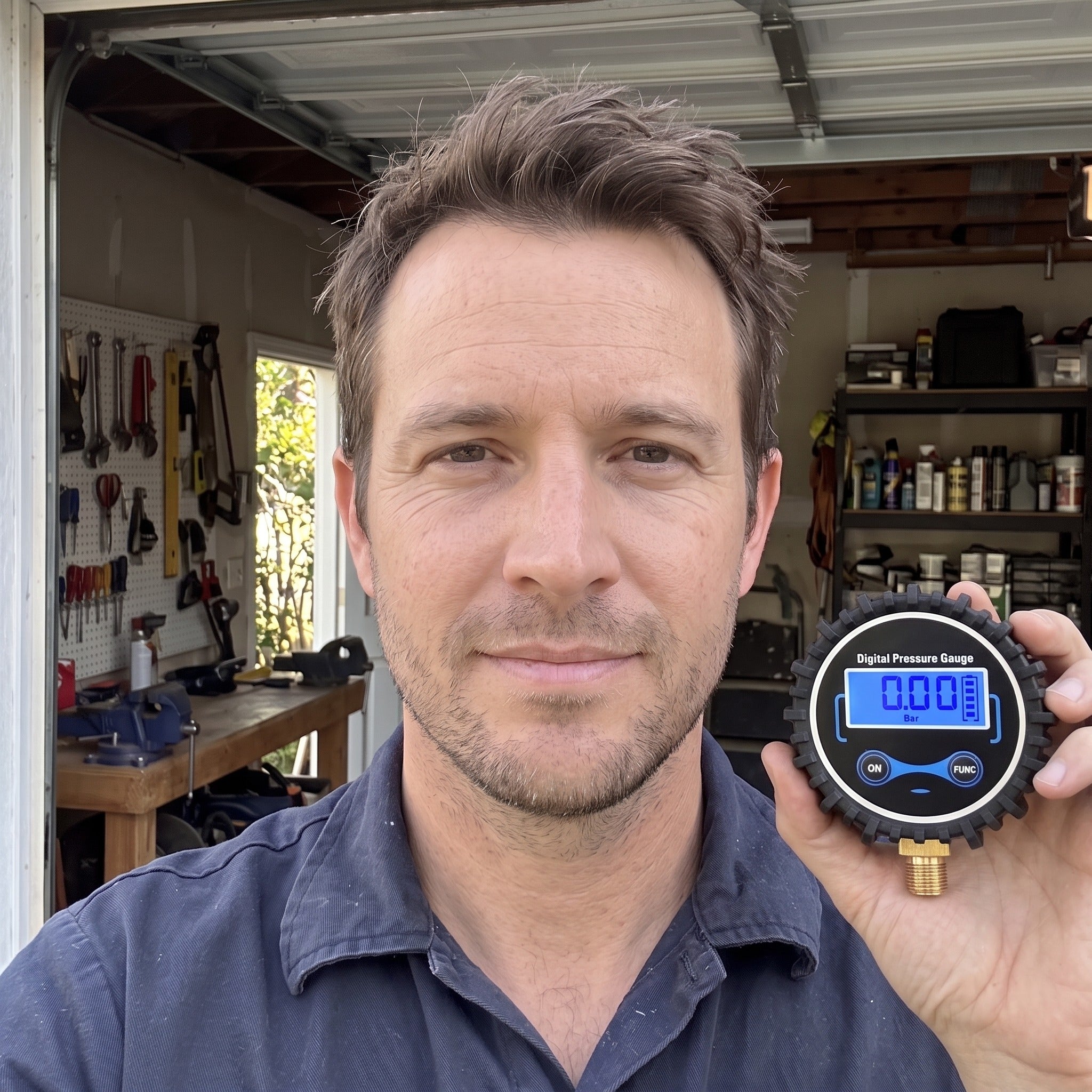Daniel R. with a Roadwell gauge in an automotive workspace