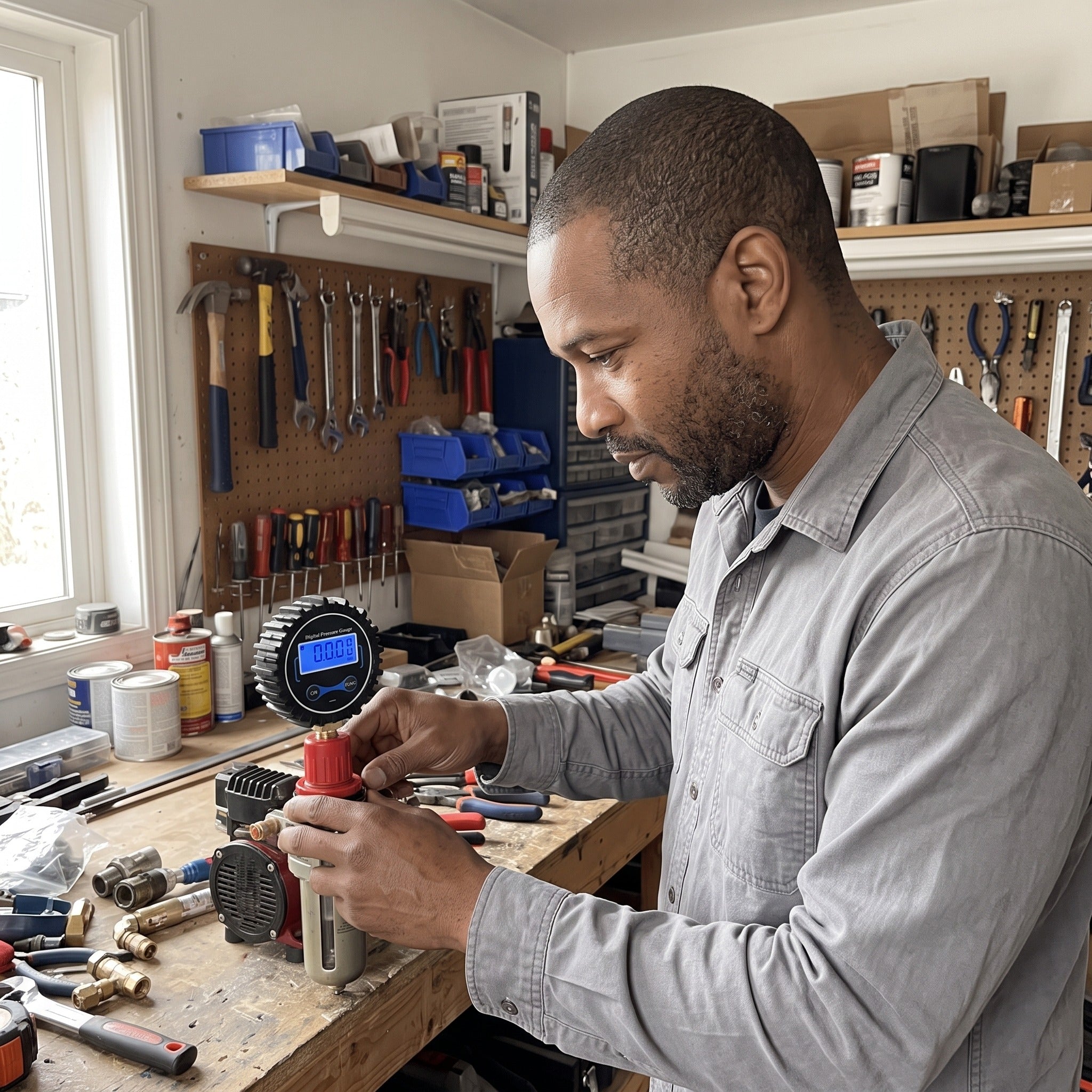 Marcus T. with a Roadwell gauge in an automotive workspace