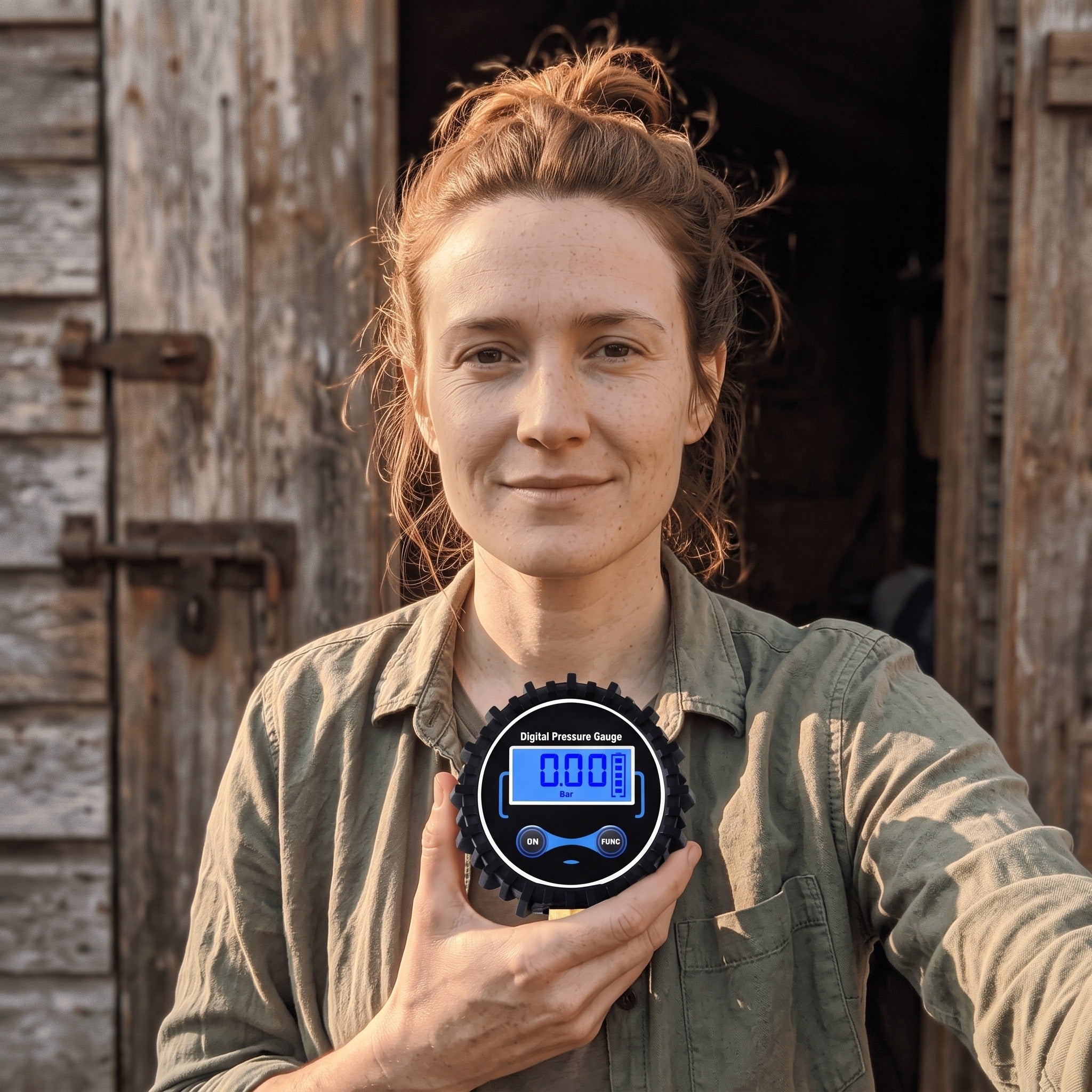 Olivia B. with a Roadwell gauge in an automotive workspace