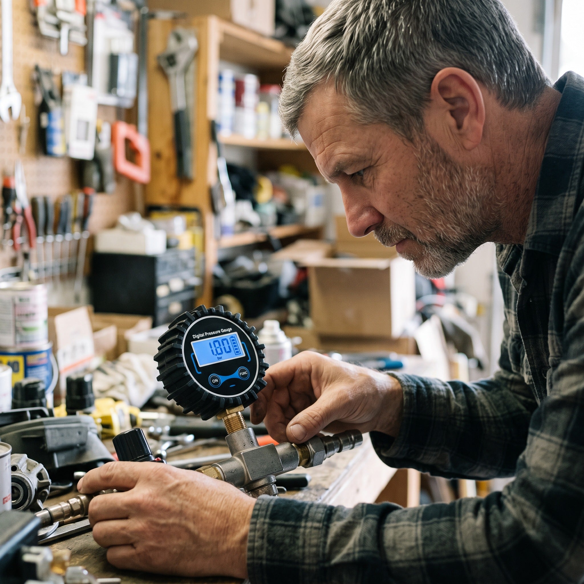 Ben W. with a Roadwell gauge in an automotive workspace